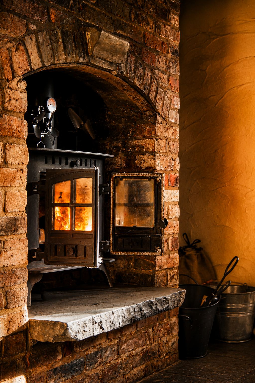 The pub's original brick fireplace with a cast-iron wood-burning stove and pressure gauge.